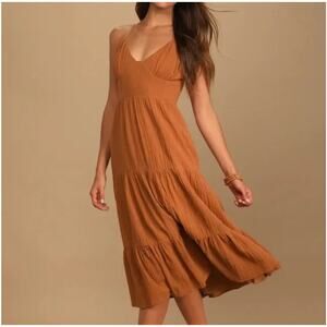 Lulus Bliss Abound Rust Brown Tiered Midi Cotton Dress Women's S Beach Coastal